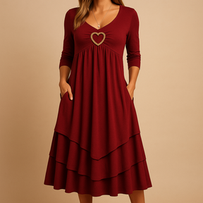 Elegant long A-line dress for women with O-neckline, long sleeves, pockets, and subtle ruffles – ideal for daily wear, work, or formal occasions.