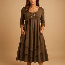 Elegant long A-line dress for women with O-neckline, long sleeves, pockets, and subtle ruffles – ideal for daily wear, work, or formal occasions.