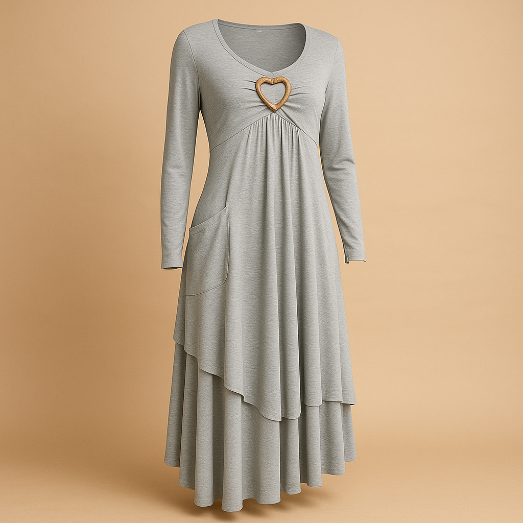 Elegant long A-line dress for women with O-neckline, long sleeves, pockets, and subtle ruffles – ideal for daily wear, work, or formal occasions.