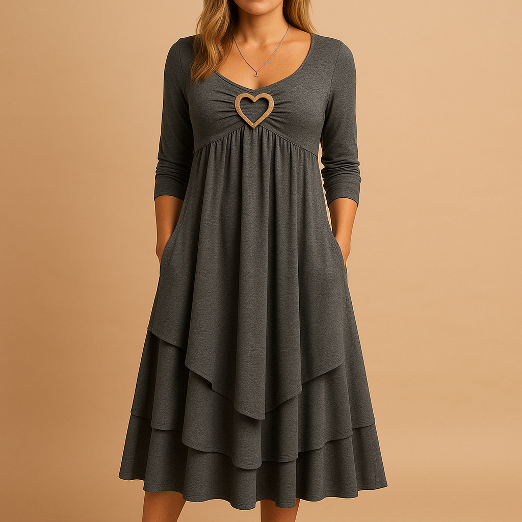 Elegant long A-line dress for women with O-neckline, long sleeves, pockets, and subtle ruffles – ideal for daily wear, work, or formal occasions.