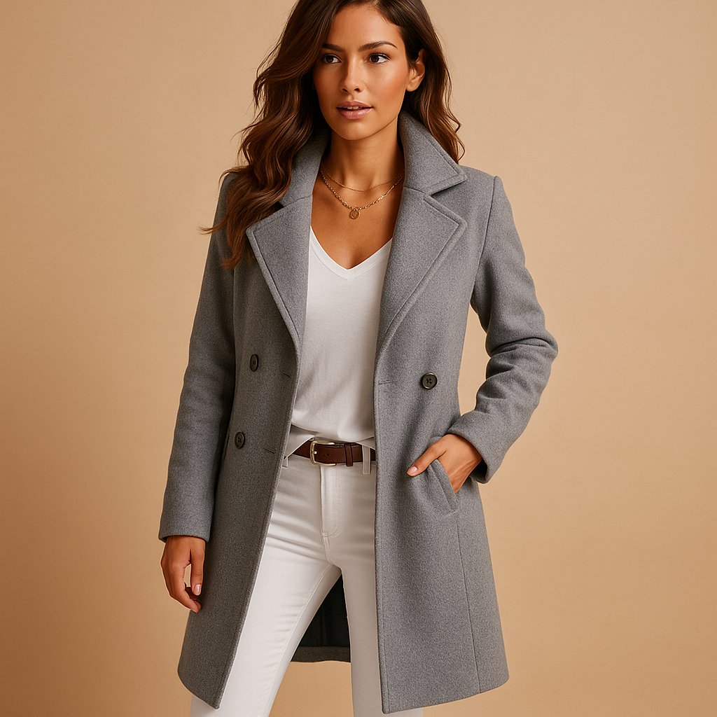 Women’s long coat with buttons and classic collar in grey, perfect for elegant seasonal layering and timeless fashion