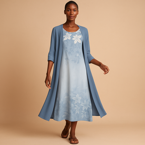 Elegant long women’s dress with a matching blouse jacket, ideal for formal events, parties, or work occasions.