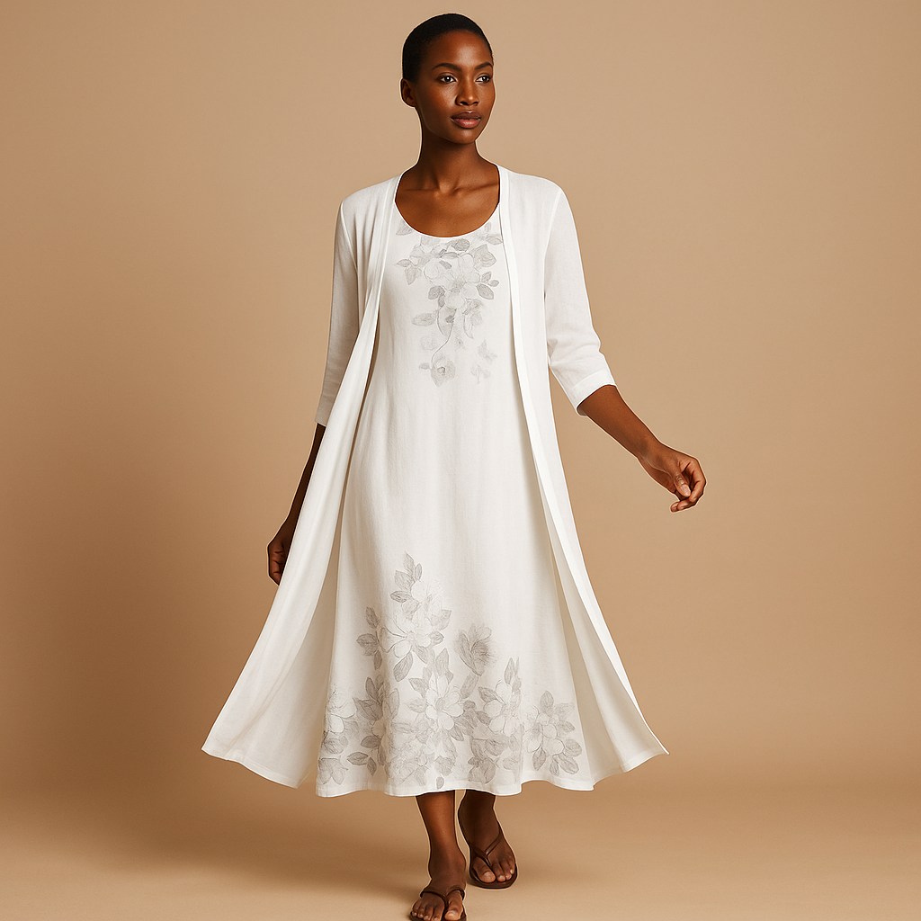 Elegant long women’s dress with a matching blouse jacket, ideal for formal events, parties, or work occasions.