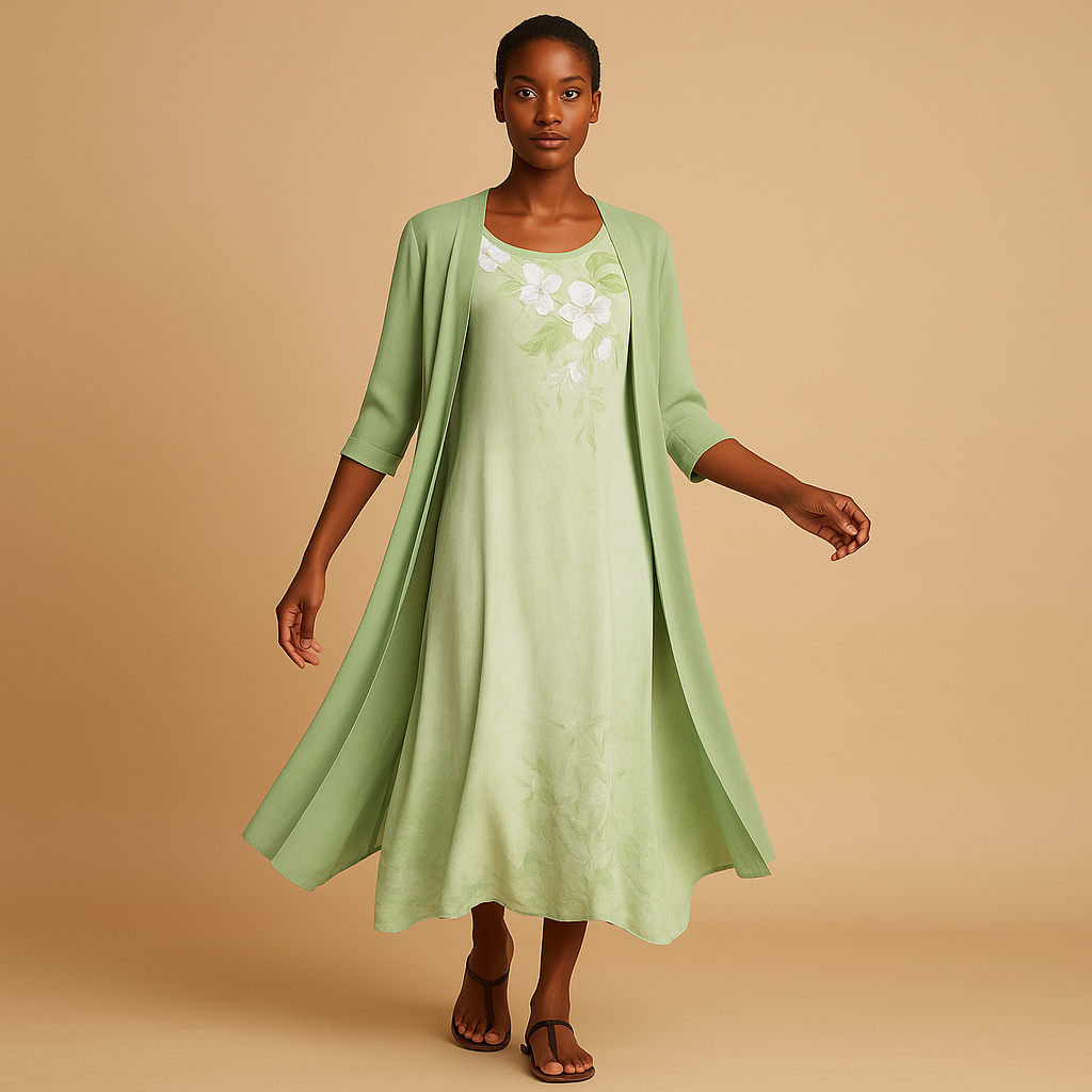 Elegant long women’s dress with a matching blouse jacket, ideal for formal events, parties, or work occasions.