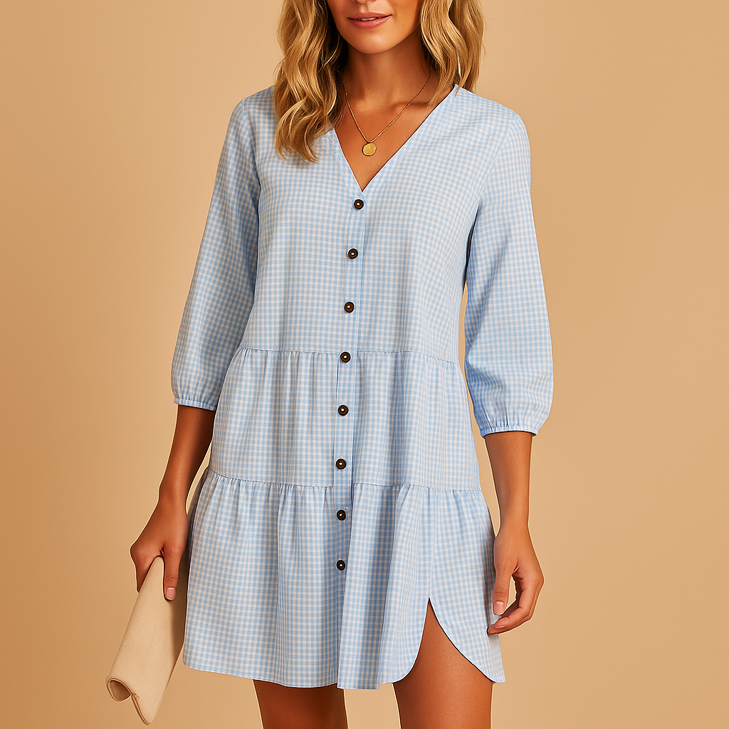 Elegant midi summer dress for women in classic blue with three-quarter sleeves, perfect for work, casual days, and warm-weather occasions.