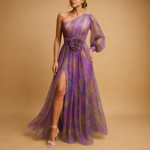 Elegant one-shoulder beach dress for women with side split, perfect for summer holidays and beach parties.