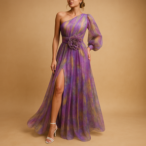 Elegant one-shoulder beach dress for women with side split, perfect for summer holidays and beach parties.