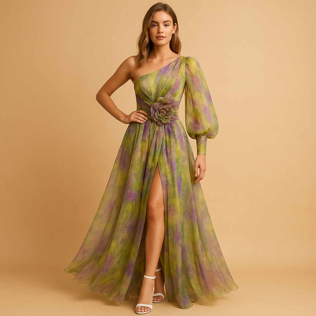 Elegant one-shoulder beach dress for women with side split, perfect for summer holidays and beach parties.