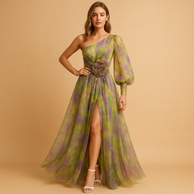Elegant one-shoulder beach dress for women with side split, perfect for summer holidays and beach parties.