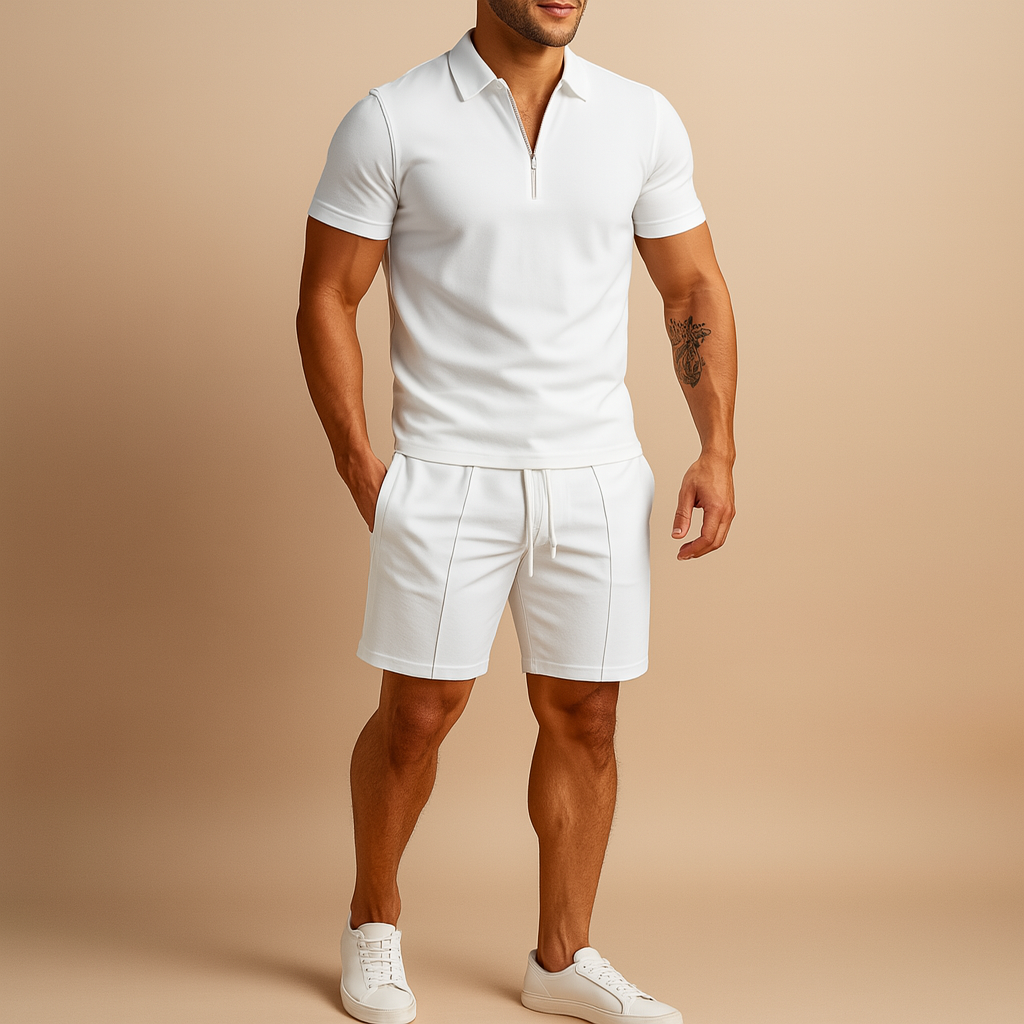 Men’s elegant summer set with matching polo and shorts in slim fit, perfect for vacations, casual dinners, and warm-weather occasions