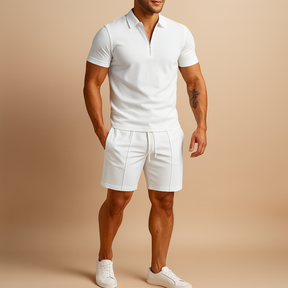 Men’s elegant summer set with matching polo and shorts in slim fit, perfect for vacations, casual dinners, and warm-weather occasions