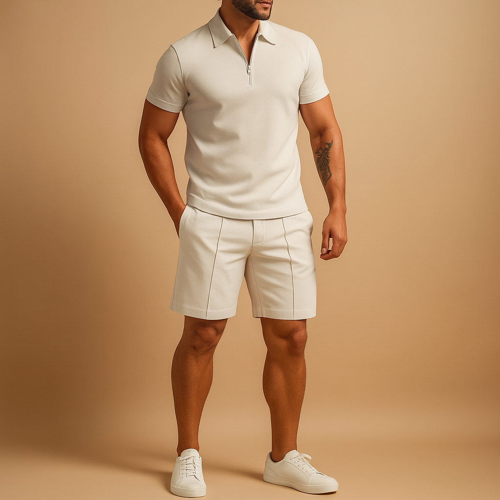 Men’s elegant summer set with matching polo and shorts in slim fit, perfect for vacations, casual dinners, and warm-weather occasions