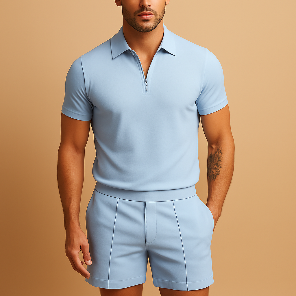 Men’s elegant summer set with matching polo and shorts in slim fit, perfect for vacations, casual dinners, and warm-weather occasions