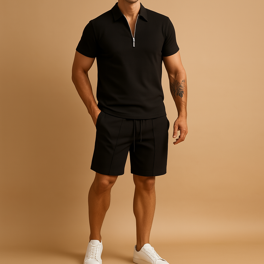 Men’s elegant summer set with matching polo and shorts in slim fit, perfect for vacations, casual dinners, and warm-weather occasions