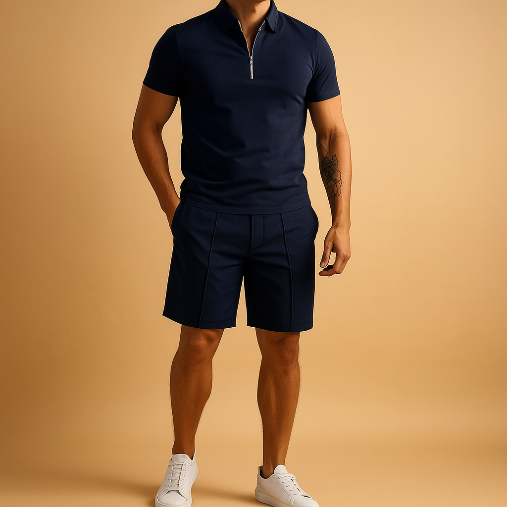 Men’s elegant summer set with matching polo and shorts in slim fit, perfect for vacations, casual dinners, and warm-weather occasions