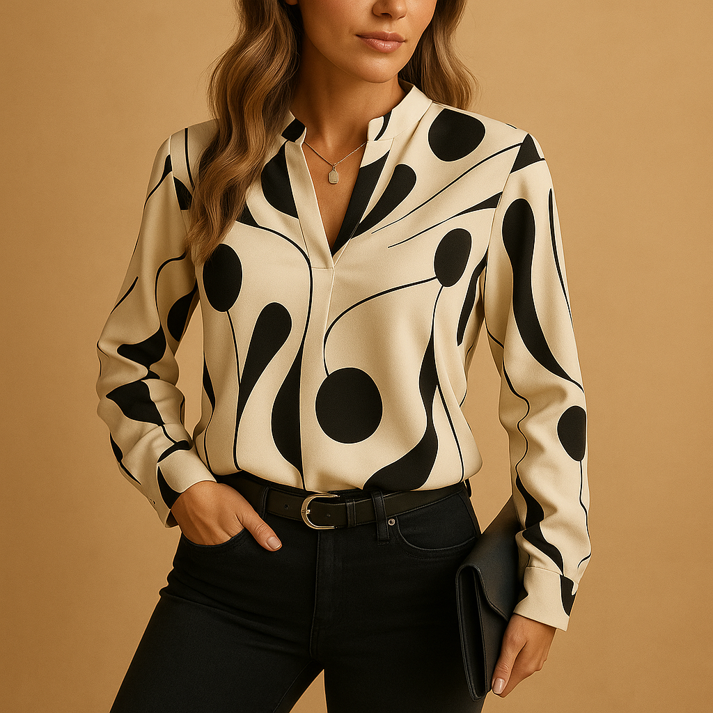 Elegant printed long sleeve blouse for women in apricot and black, with a smooth fit and refined design for casual or formal outfits.