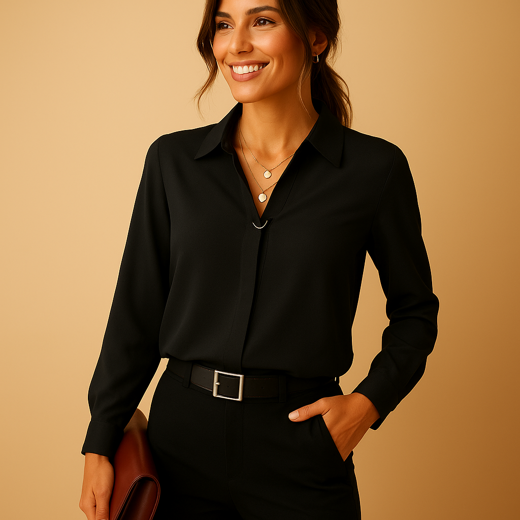 Elegant solid color blouse for women with tailored fit, classic collar, and button closure, perfect for work, casual days, and evenings out.