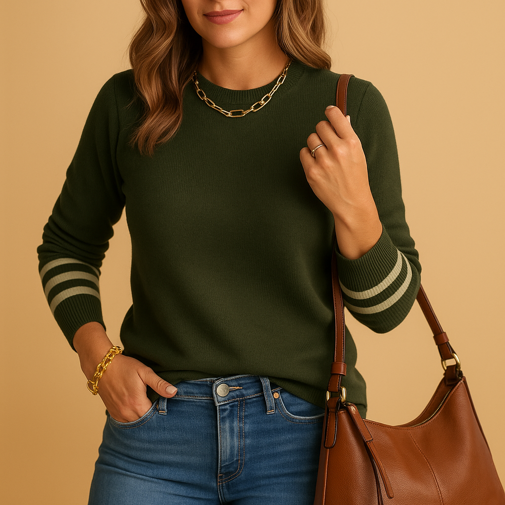 Elegant knit sweater for women with striped sleeves, relaxed fit, and soft texture—ideal for casual outings or cozy days at home.
