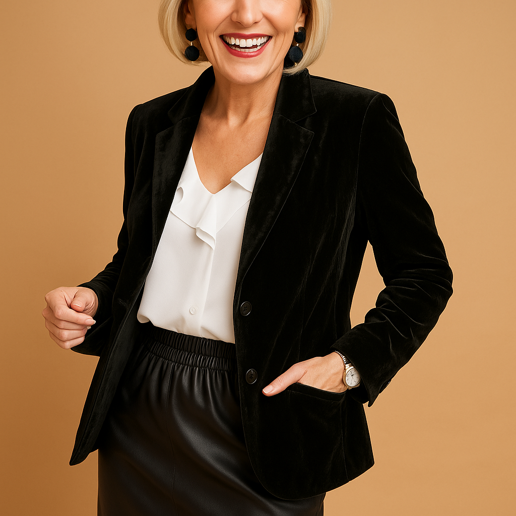 Elegant tailored blazer for women with classic silhouette and sleek finish, perfect for work, formal wear, or everyday chic.