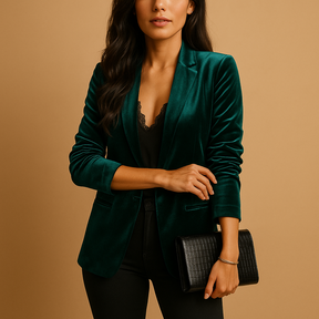 Elegant tailored blazer for women with classic silhouette and sleek finish, perfect for work, formal wear, or everyday chic.