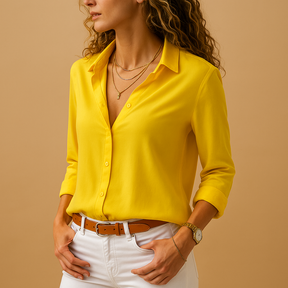 Women’s elegant long sleeve blouse with V-neck and button closure, ideal for workdays, lunches, or evening occasions.