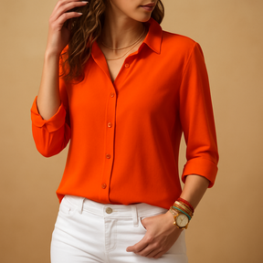 Women’s elegant long sleeve blouse with V-neck and button closure, ideal for workdays, lunches, or evening occasions.