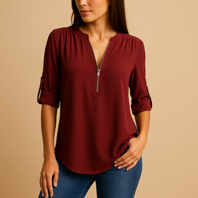 Elegant V-neck summer blouse for women with refined design, ideal for work, casual wear, and warm-weather elegance.