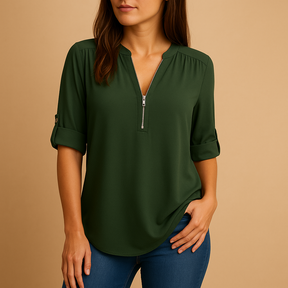 Elegant V-neck summer blouse for women with refined design, ideal for work, casual wear, and warm-weather elegance.