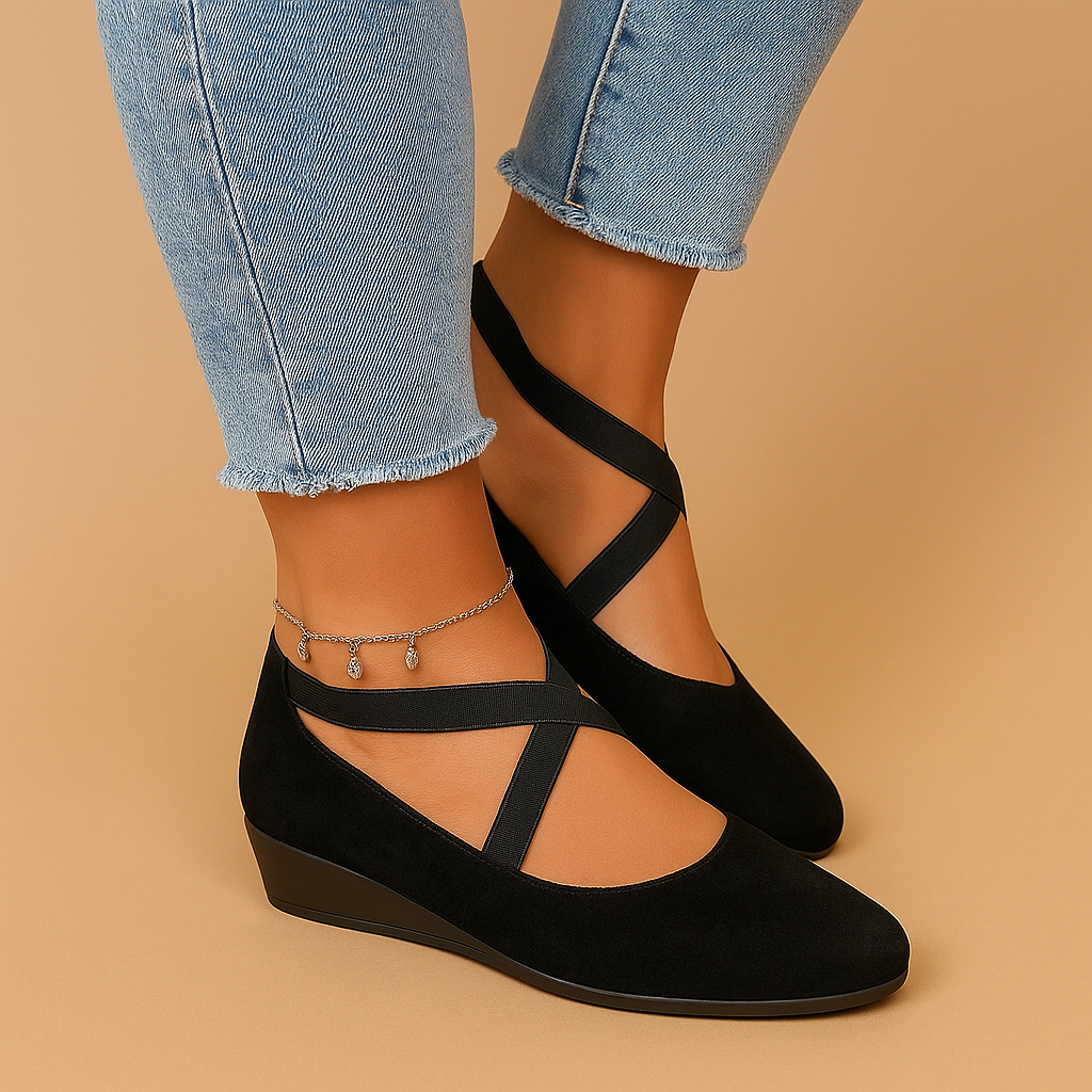 Clara elegant wedge heels with supportive wedge heel, lightweight design, and decorative studs, perfect for day or evening occasions.