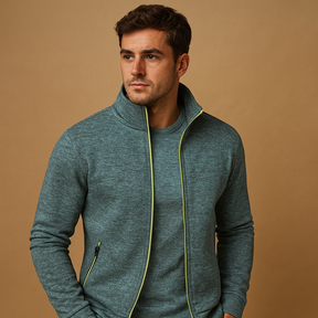 Men’s elegant zip cardigan with handmade finish, soft wrinkle-free fabric, and hidden zip pockets for timeless comfort and style.