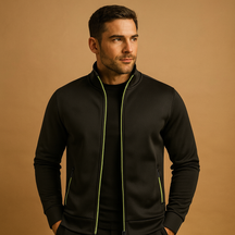 Men’s elegant zip cardigan with handmade finish, soft wrinkle-free fabric, and hidden zip pockets for timeless comfort and style.