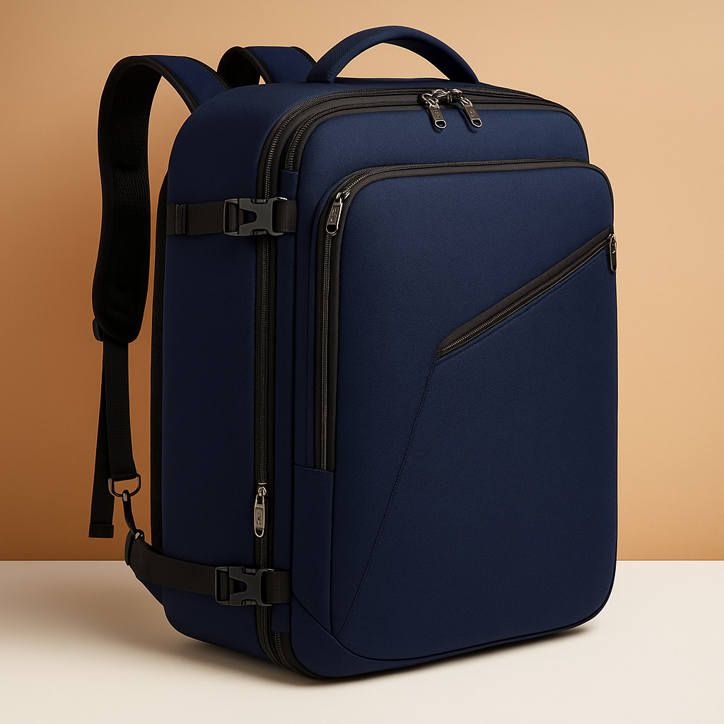 Expandable carry-on travel backpack for men with 45L capacity, hideaway straps, and luggage sleeve for smart, organised travel.