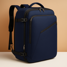 Expandable carry-on travel backpack for men with 45L capacity, hideaway straps, and luggage sleeve for smart, organised travel.