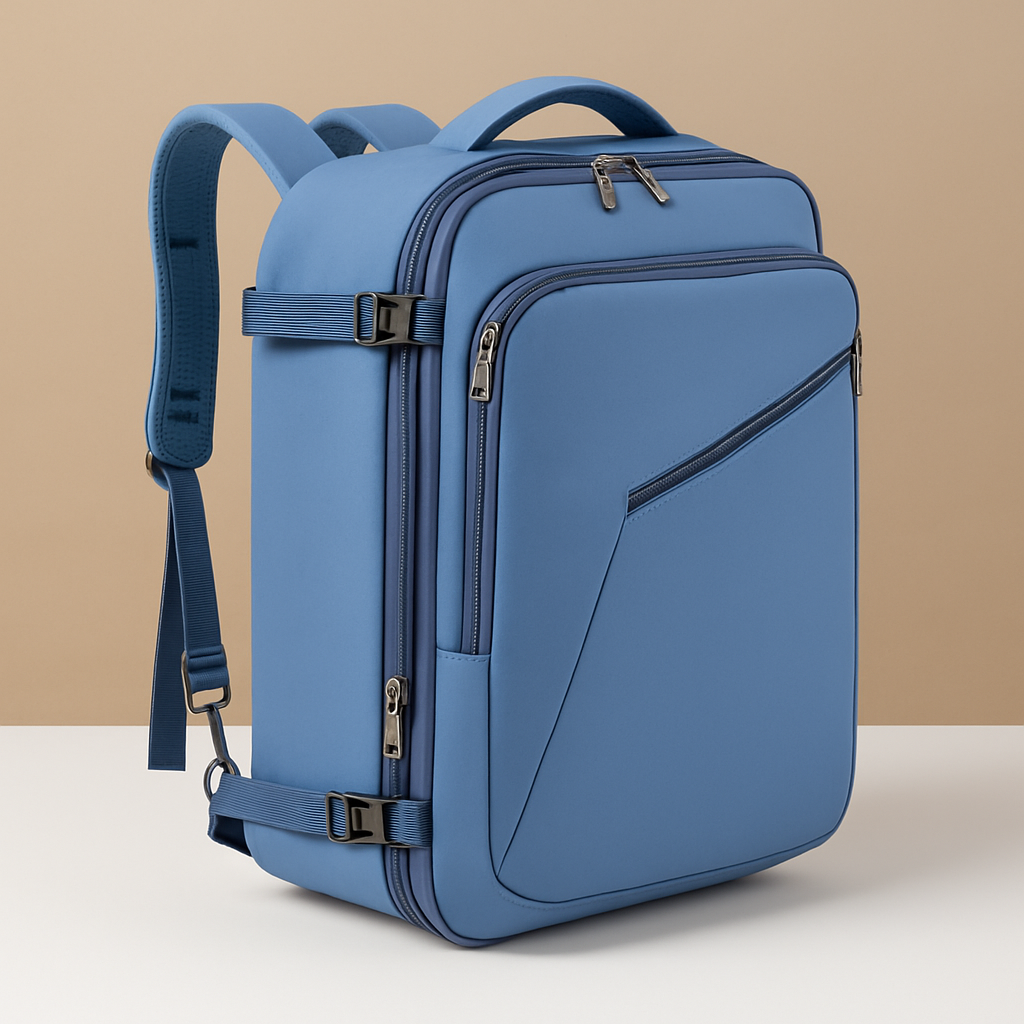 Expandable carry-on travel backpack for men with 45L capacity, hideaway straps, and luggage sleeve for smart, organised travel.
