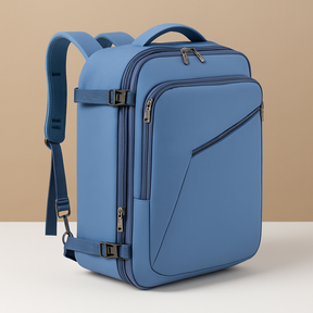 Expandable carry-on travel backpack for men with 45L capacity, hideaway straps, and luggage sleeve for smart, organised travel.