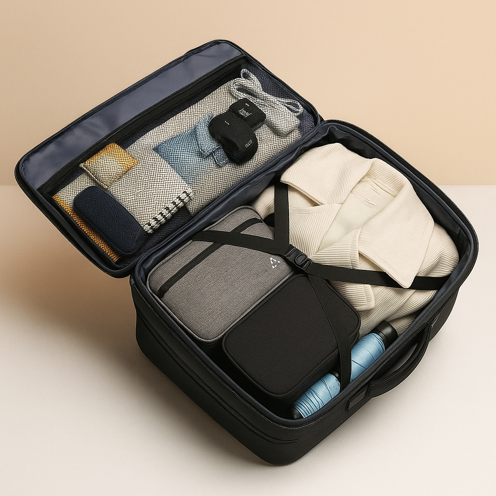 Expandable carry-on travel backpack for men with 45L capacity, hideaway straps, and luggage sleeve for smart, organised travel.