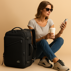Expandable carry-on travel backpack for men with 45L capacity, hideaway straps, and luggage sleeve for smart, organised travel.