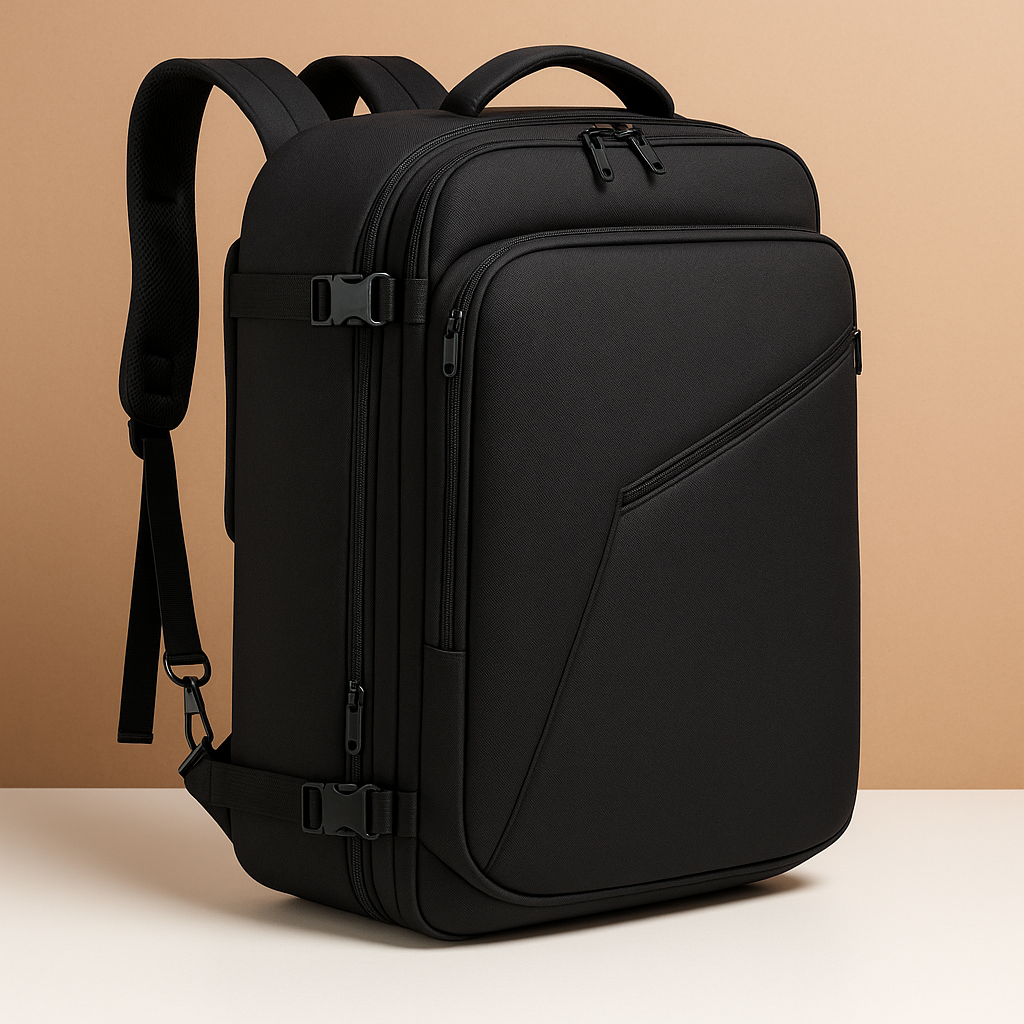 Expandable carry-on travel backpack for men with 45L capacity, hideaway straps, and luggage sleeve for smart, organised travel.