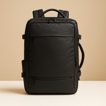 Expandable carry-on travel backpack for men with luggage-style opening, waterproof compartments, USB charging port, and cushioned ergonomic design.