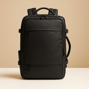 Expandable carry-on travel backpack for men with luggage-style opening, waterproof compartments, USB charging port, and cushioned ergonomic design.