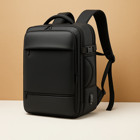 Expandable carry-on travel backpack for men with luggage-style opening, waterproof compartments, USB charging port, and cushioned ergonomic design.