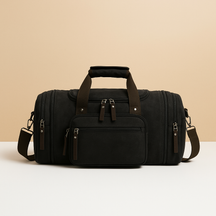 Men’s expandable cotton duffle bag with compartments, adjustable strap, and zippered pockets—ideal for travel or work trips.