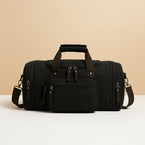 Men’s expandable cotton duffle bag with compartments, adjustable strap, and zippered pockets—ideal for travel or work trips.