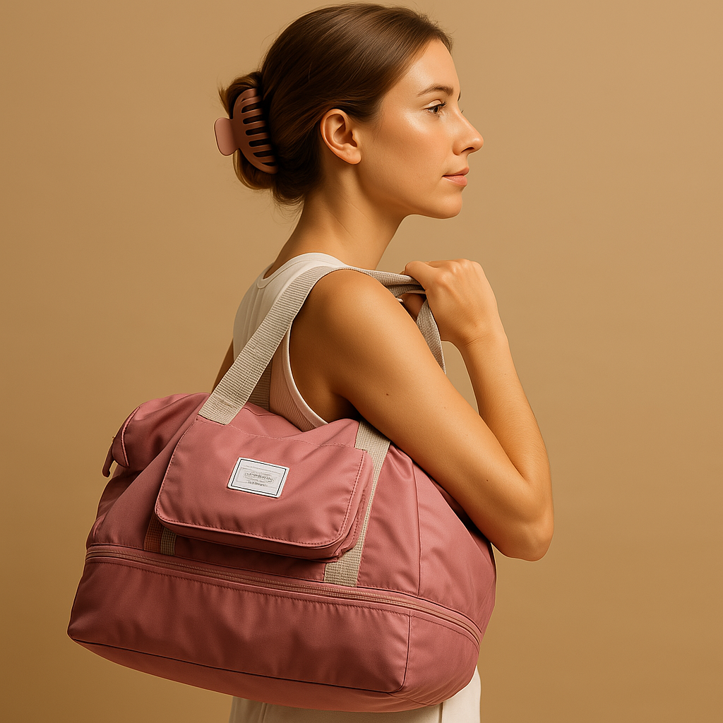 Expandable foldable travel bag for women with waterproof Oxford fabric, wide top access, and elegant design for stylish travel.