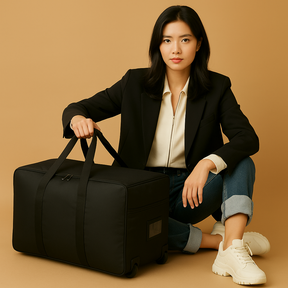 Expandable travel duffel bag for women with wheels, lightweight design, and large capacity for hassle-free travel and organised packing.