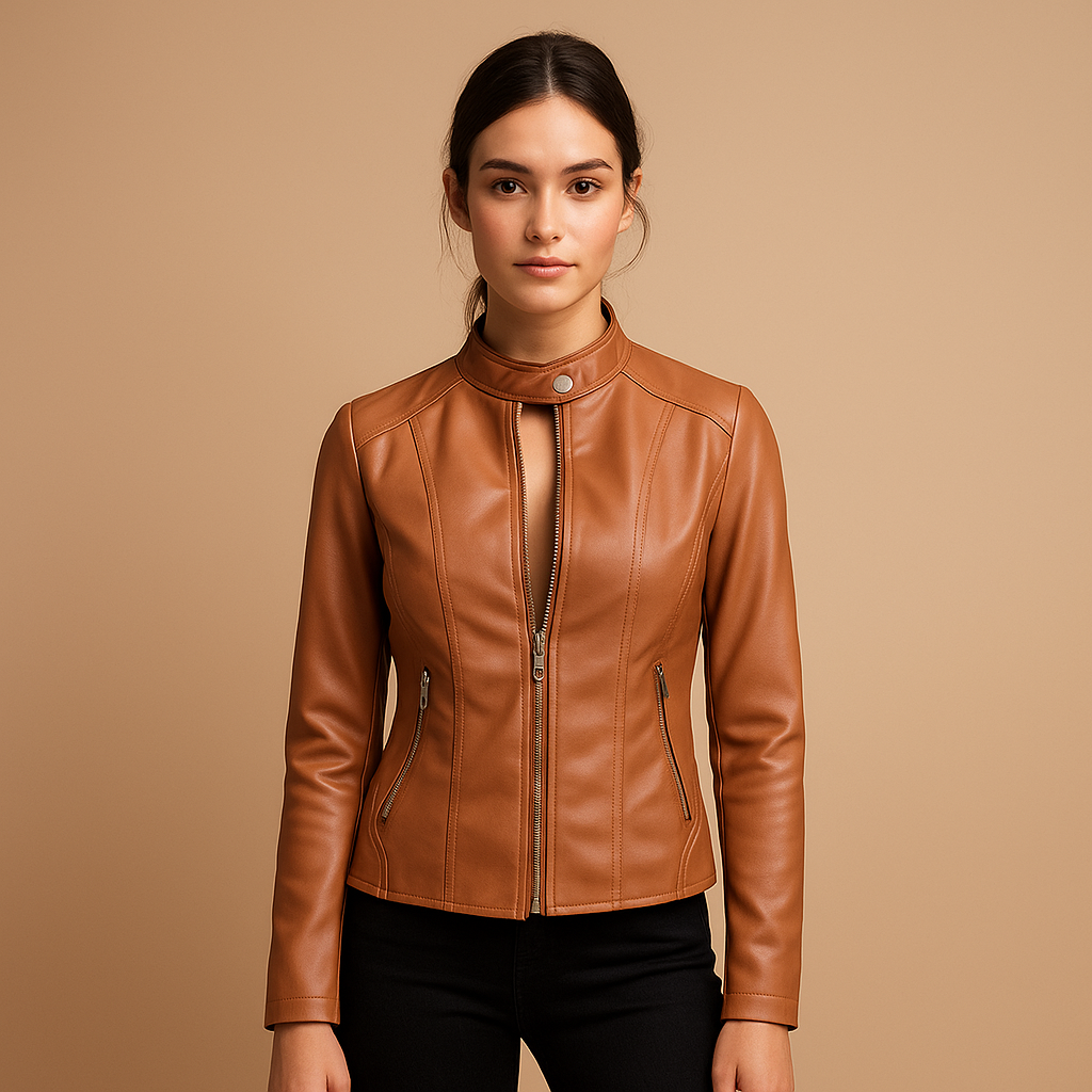 Faux leather biker jacket for women with symmetrical zipper, silver studs, and modern collar—ideal for spring and autumn elegance.