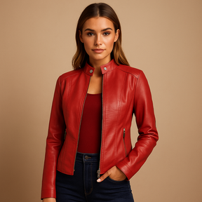 Faux leather biker jacket for women with symmetrical zipper, silver studs, and modern collar—ideal for spring and autumn elegance.