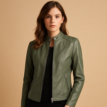 Faux leather biker jacket for women with symmetrical zipper, silver studs, and modern collar—ideal for spring and autumn elegance.