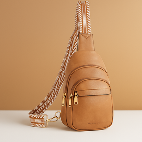 Women’s faux leather sling crossbody bag with zip pockets, card slots, and anti-theft back pocket for hands-free everyday style