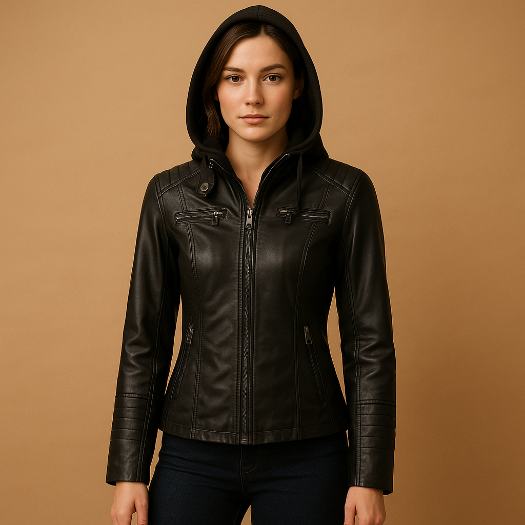 Women's faux leather jacket with removable knit hood and silver zipper, perfect for stylish everyday wear in any season